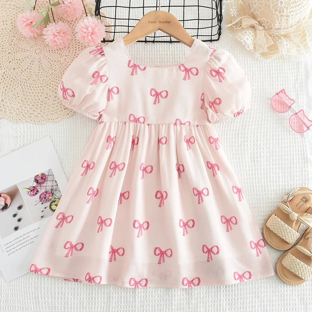 Bear Leader Short Sleeved Girls Clothing Summer New Bow Print Casual Dresses Sweet and Cute Kids Clothes for 3-7 Years Wear