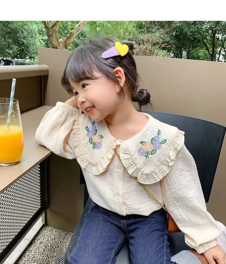 Baby girl doll collar shirt Spring and Autumn new children's Korean version long sleeved embroidered white shirt little girl top