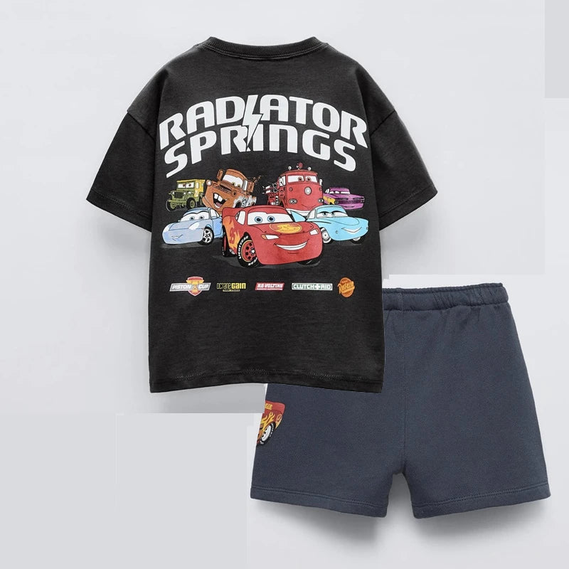 Car Tshirt+Shorts Two Piece Set Summer Clothing Boys Printed Tees Casual Sports Tees Black Shorts Trendy Costume Outer Wear