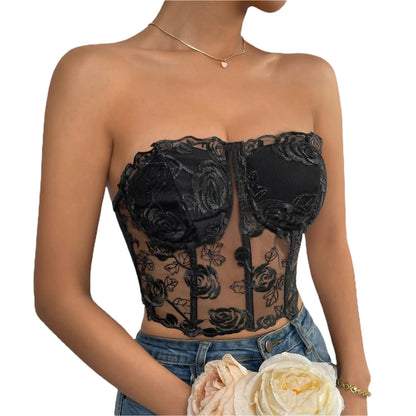 Newest Arrival Women Bustier Tube Tops Embroidery Flower See Through Off Shoulder Tank Tops for Daily Club Party