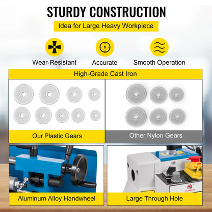 VEVOR Metal Lathe 7x14 / 7x12 inch Precision Bench Top 550W Variable Speed 50-2500 / 0- 2250 RPM Nylon Gear with A Movable Lamp