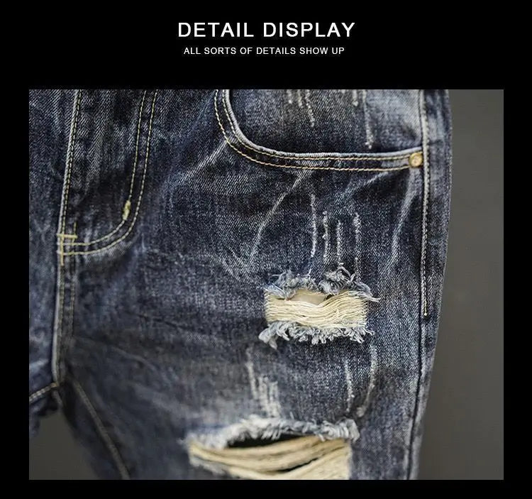 Fashion Vintage Korean Men's Summer Denim Shorts with Distressed Holes Slim Fit Distressed Holes Designer Luxury Clothing Men