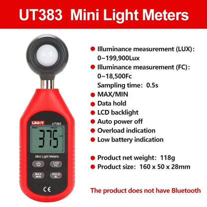 UNI-T UT383 UT383BT Mini Light Meter Digital Professional Luxometer 199900Lux 18500FC Illuminometer Photometer Light Lux Meter