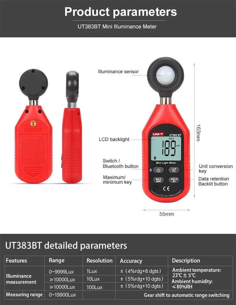 UNI-T UT383 UT383BT Mini Light Meter Digital Professional Luxometer 199900Lux 18500FC Illuminometer Photometer Light Lux Meter