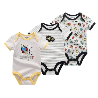 Kiddiezoom 3 Pcs Newborn Cartoon Short Sleeve Baby Boy Girl Bodysuits Soft 100%Cotton Baby Onesies Unisex Baby Clothes