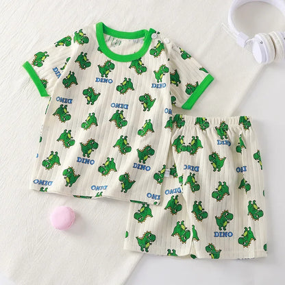 New Kids Boys Girls Summer Clothing Sets Children Cute Cartoon Print Short Sleeve T-Shirt Tops with Shorts Toddler Baby Pajamas