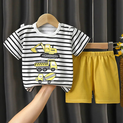 2025 New Kids Boys Girls Summer Pajamas Cute Cartoon Print Short Sleeve T-Shirt Tops with Shorts Toddler Baby Clothing Sets