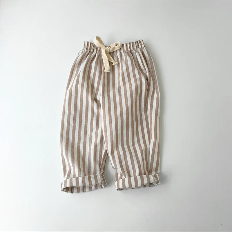 Retro Hemp Cotton Striped Boys' Pants with A Casual and High-end Design Elastic Waist Girls' Clothing Children's Pants