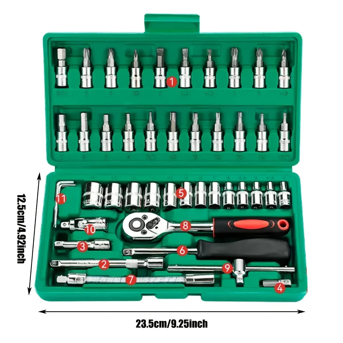 46pc Drive Socket Set 1/4 inch Ratchet Wrench Set with Sockets Metric Hex Bit Socket Set Mechanic Tool Kits for Hous Auto Repair