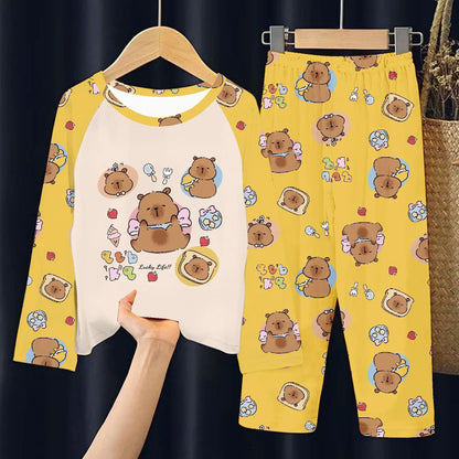 Capibara Pajamas Pants Set Kids Anime Capybara Nightgown Trousers Girls Boys Spring Autumn Home Clothes Children Long Sleeves