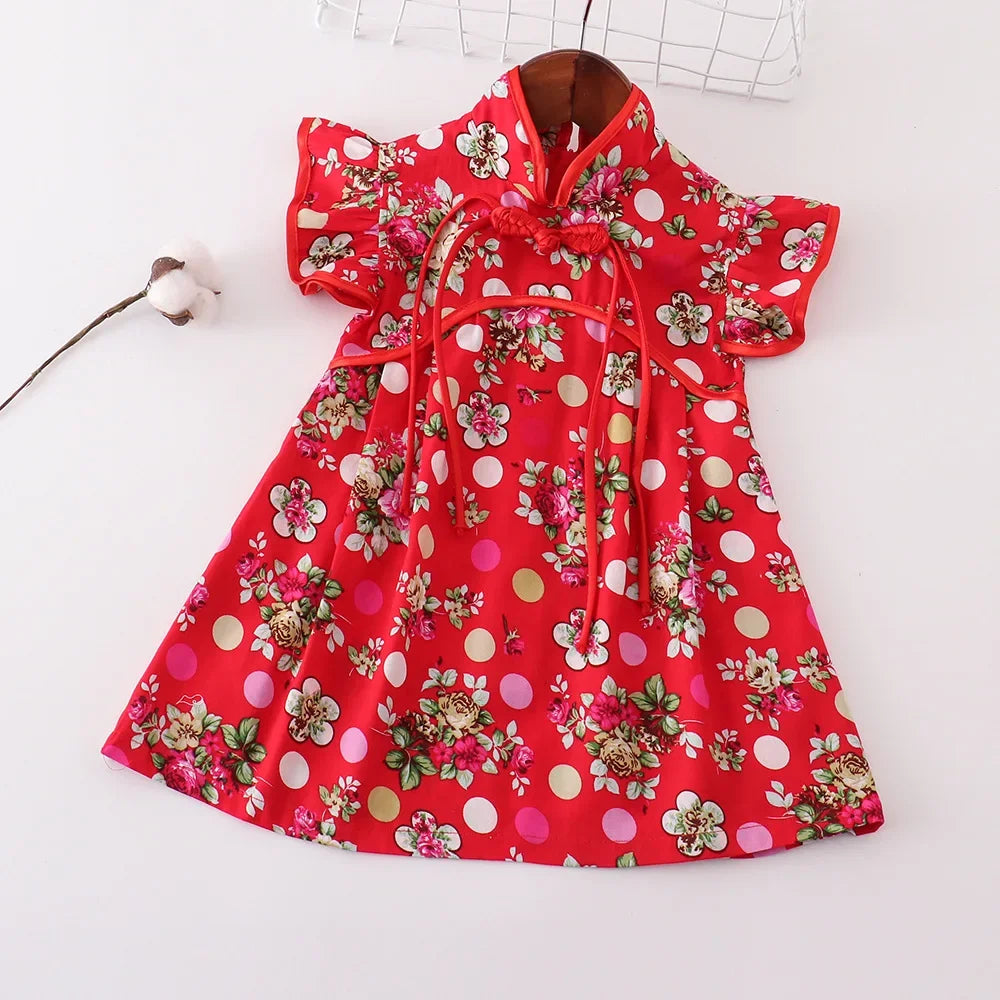 Fashion Red Girls Dresses Casual Perform Outfit Baby Qipao Chinese Dress Summer Kids Cheongsams Costume Vestido Girl Clothes