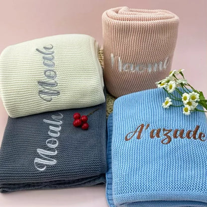 Personalized Knitted Blanket Embroidered Baby Name Stroller Cover Kids Cotton Nap Blanket for Newborn Shower Gifts