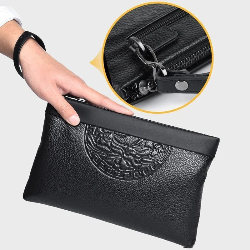 Fashion Men's Handheld Bag Business Large Capacity Retro Soft Face Leather Clip Casual Fashion Handheld Bag Zipper Bag Wallet