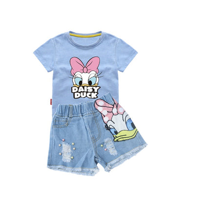 2024 Disney Girls Outfits Cartoon Donald Duck Sets Printed Summer Shirt Broken Hole Denim Shorts Girl Clothing Set girls Clothes