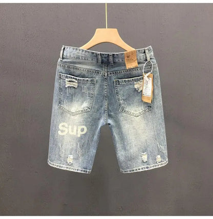 Fashion Vintage Korean Men's Summer Denim Shorts with Distressed Holes Slim Fit Distressed Holes Designer Luxury Clothing Men