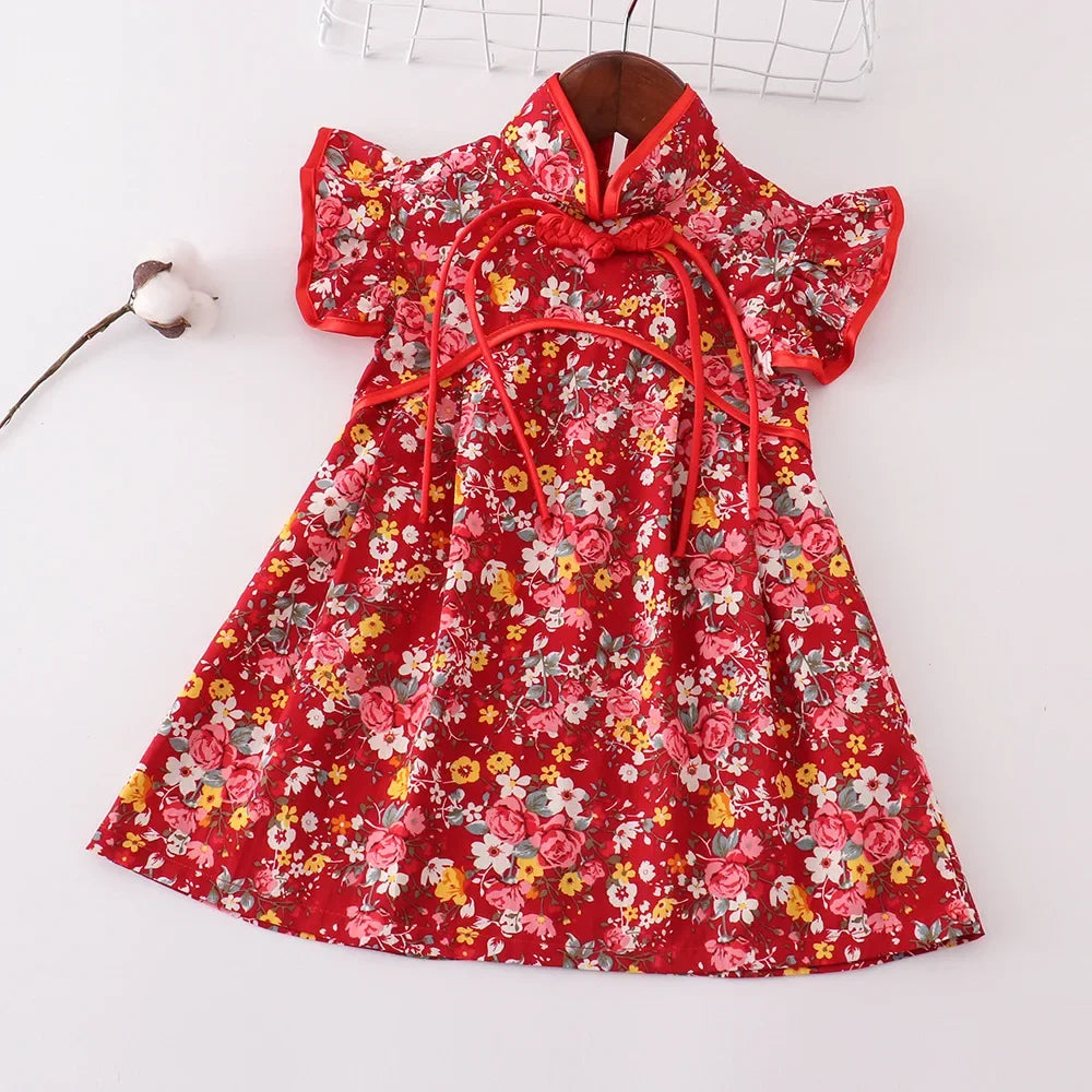 Fashion Red Girls Dresses Casual Perform Outfit Baby Qipao Chinese Dress Summer Kids Cheongsams Costume Vestido Girl Clothes