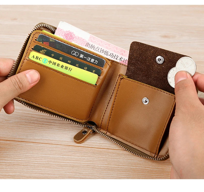 Leather Men’s Wallet Luxury Mens	Purse Male Zipper Card Holders with Coin Pocket Rfid Wallets Gifts for Men Money Bag