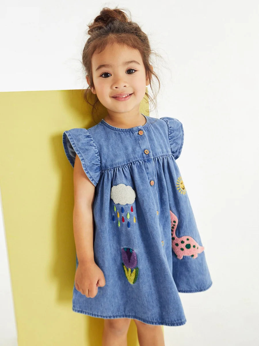 Girls' denim skirt short sleeved summer children's skirt cute sticker embroidery cartoon fashion children's skirt