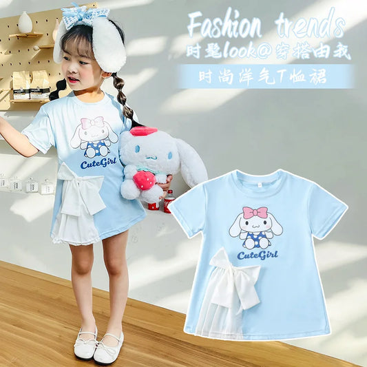 Toddler Girls Short Sleeve T-shirt Cute Sanrio Hello Kitty Kuromi Melody Casual Princess Dress For Party Kids Summer Clothes