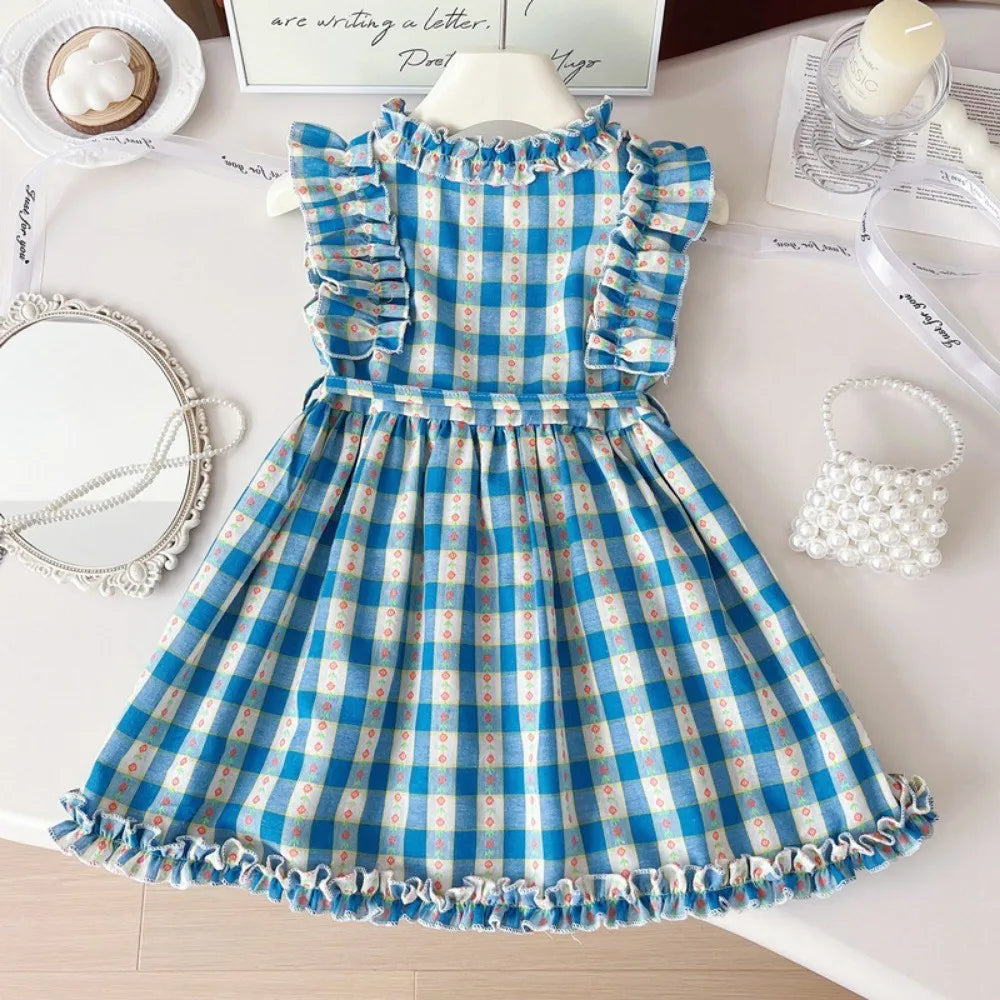 Bear Leader New Girls Flower Print Princess Dresses Wood Ear Edge Plaid Waistband Casual Kids Clothes Fashion Summer Wear