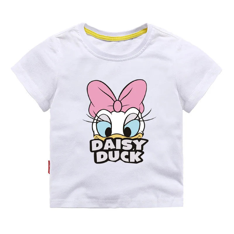 2024 Disney Girls Outfits Cartoon Donald Duck Sets Printed Summer Shirt Broken Hole Denim Shorts Girl Clothing Set girls Clothes