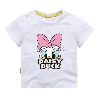 2024 Disney Girls Outfits Cartoon Donald Duck Sets Printed Summer Shirt Broken Hole Denim Shorts Girl Clothing Set girls Clothes