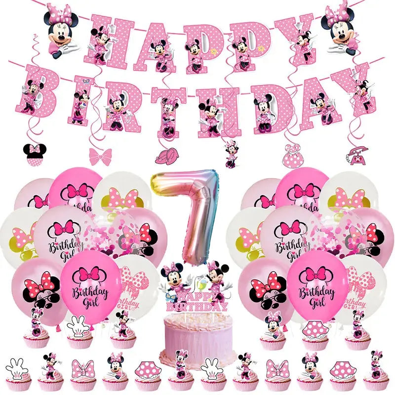 Minnie Mouse Birthday Party Decorations Tableware Set Birthday Decorations Full Set Pink Balloons Banner Candy Box Kids Favors