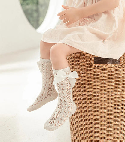 2023 New Kids Knee High Socks Baby Girls Boys Bow Long Sock Soft Cotton Mesh Breathable Children Hollow Out Socken For 0-7 Years