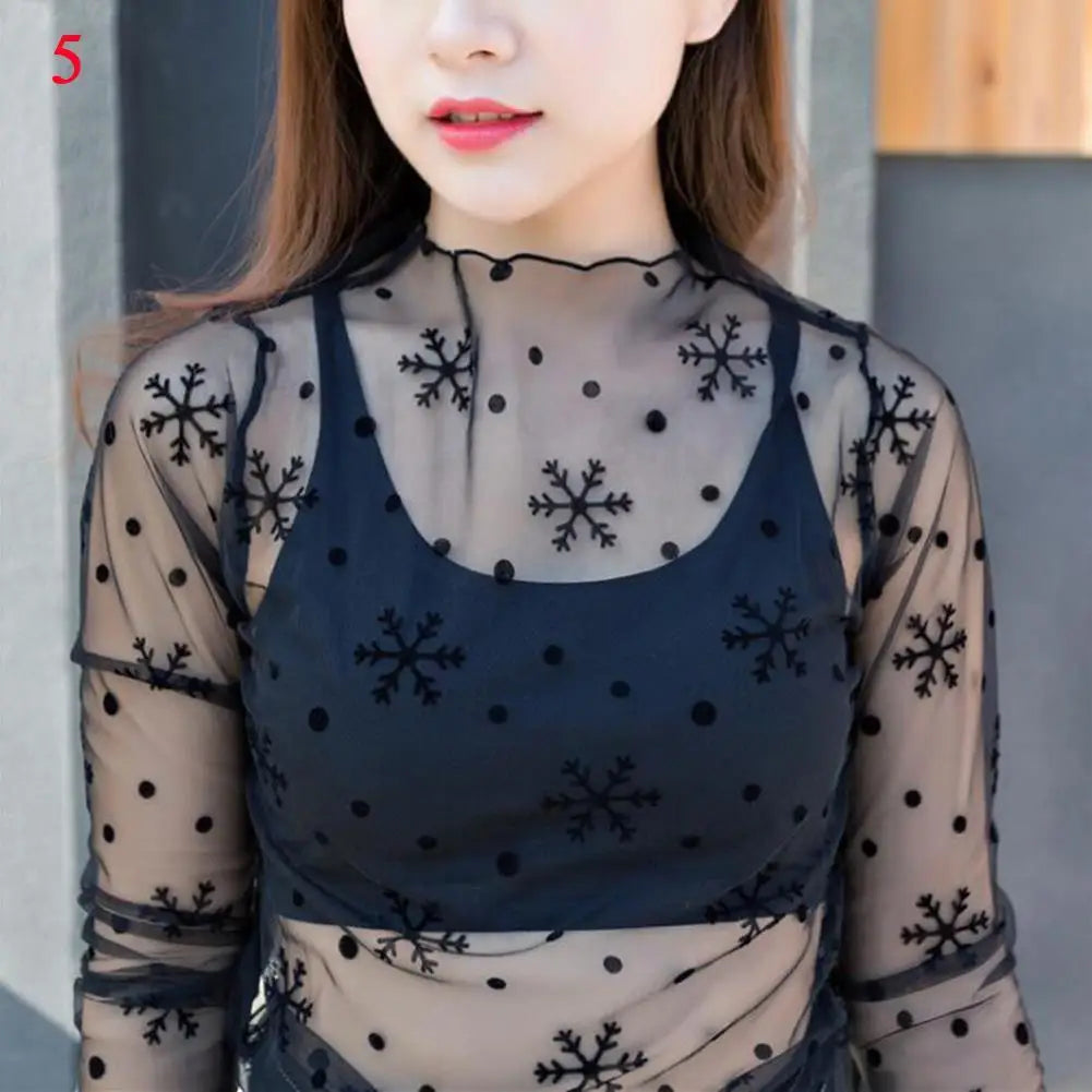 Fashion See Through Lace Top Transparent Blouse For Women Slim Fit Shirt With Long Sleeve Black Mesh T-shirt Fishnet Sheer Tops