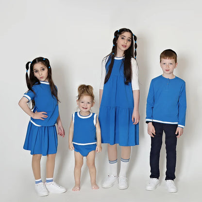 Summer/spring family set royal blue family set boy and girl dress/skirt/t-shirt/baby set stripes edge thin ribbed material