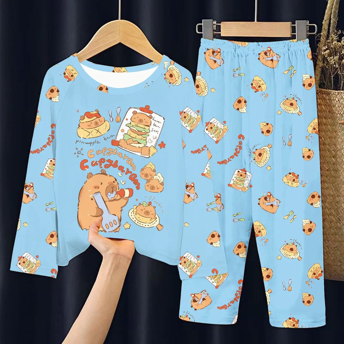 Capibara Pajamas Pants Set Kids Anime Capybara Nightgown Trousers Girls Boys Spring Autumn Home Clothes Children Long Sleeves