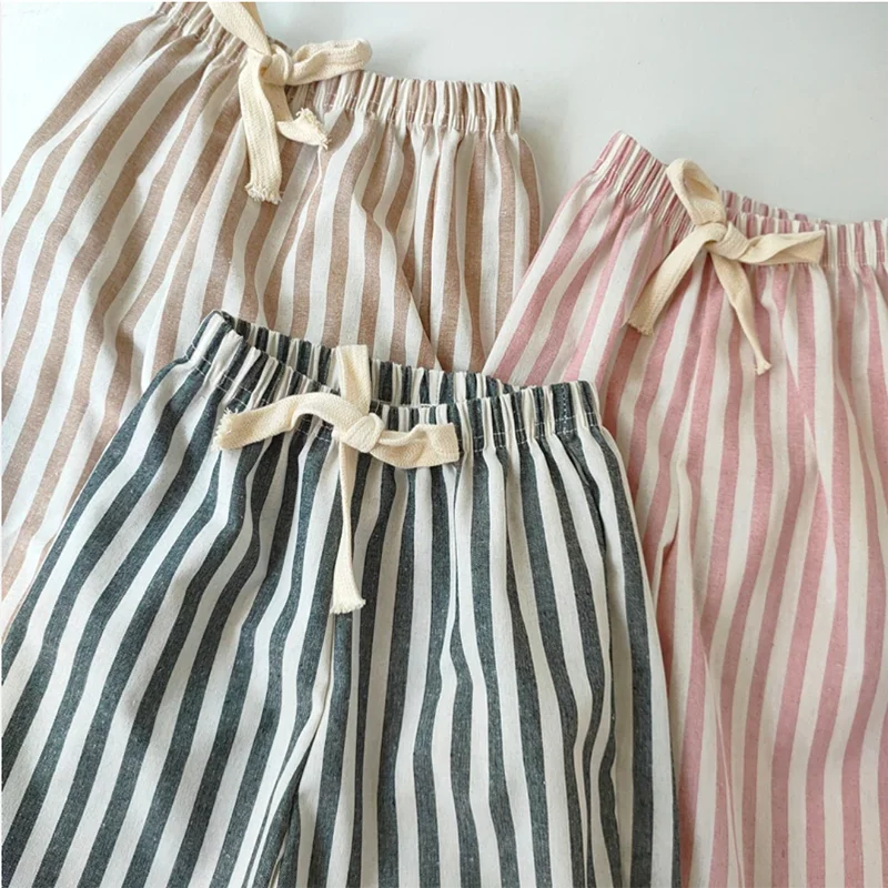 Retro Hemp Cotton Striped Boys' Pants with A Casual and High-end Design Elastic Waist Girls' Clothing Children's Pants