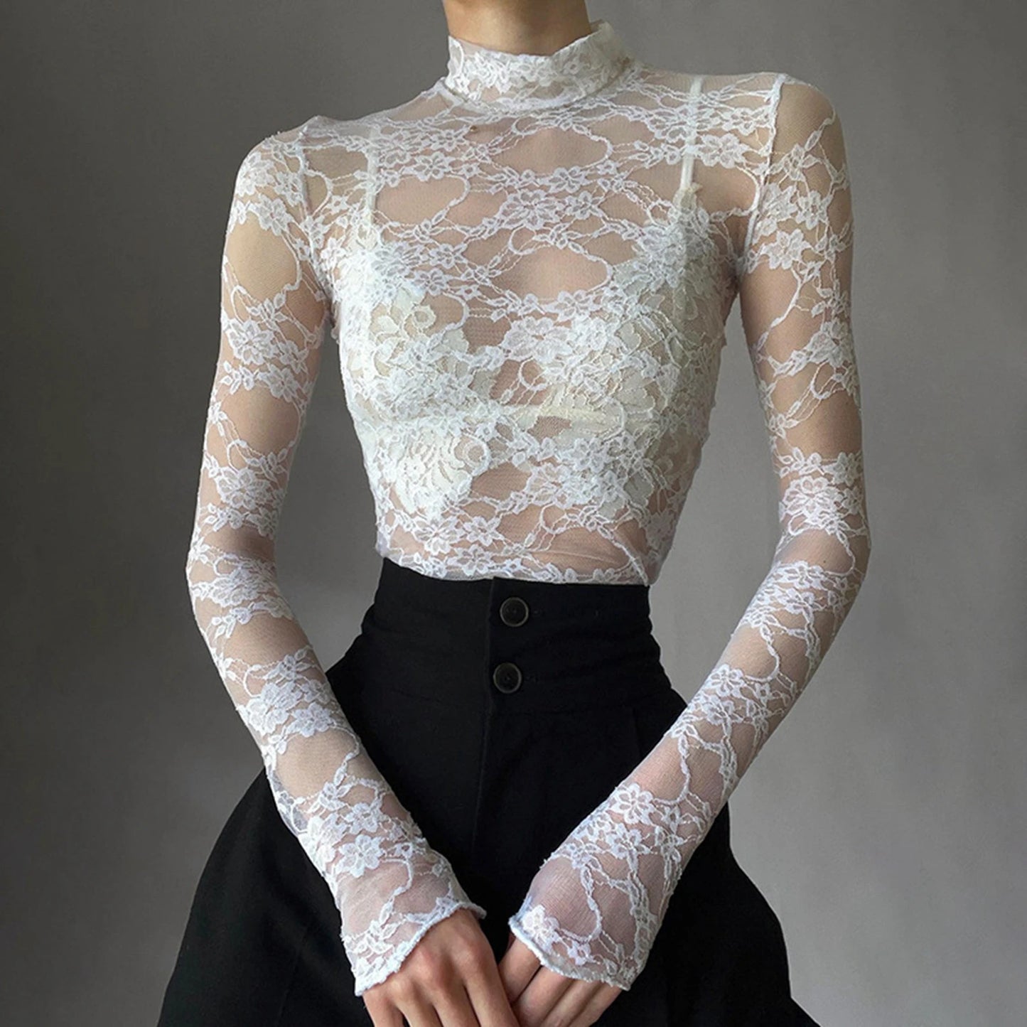 Women's Fashion Lace Sheer Crop Tops Elegant  White Turtleneck Long Sleeve Mock Neck Lace Floral Slim T-shirt Club Partywear