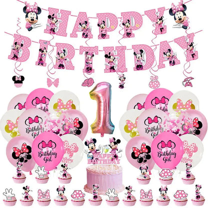 Minnie Mouse Birthday Party Decorations Tableware Set Birthday Decorations Full Set Pink Balloons Banner Candy Box Kids Favors