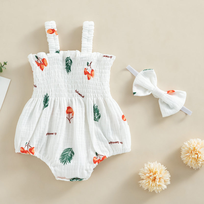 pudcoco Infant Newborn Baby Girl 2Pcs Summer Outfits, Sleeveless Cherry/Carrot/Tree Print Romper with Headband 0-18M