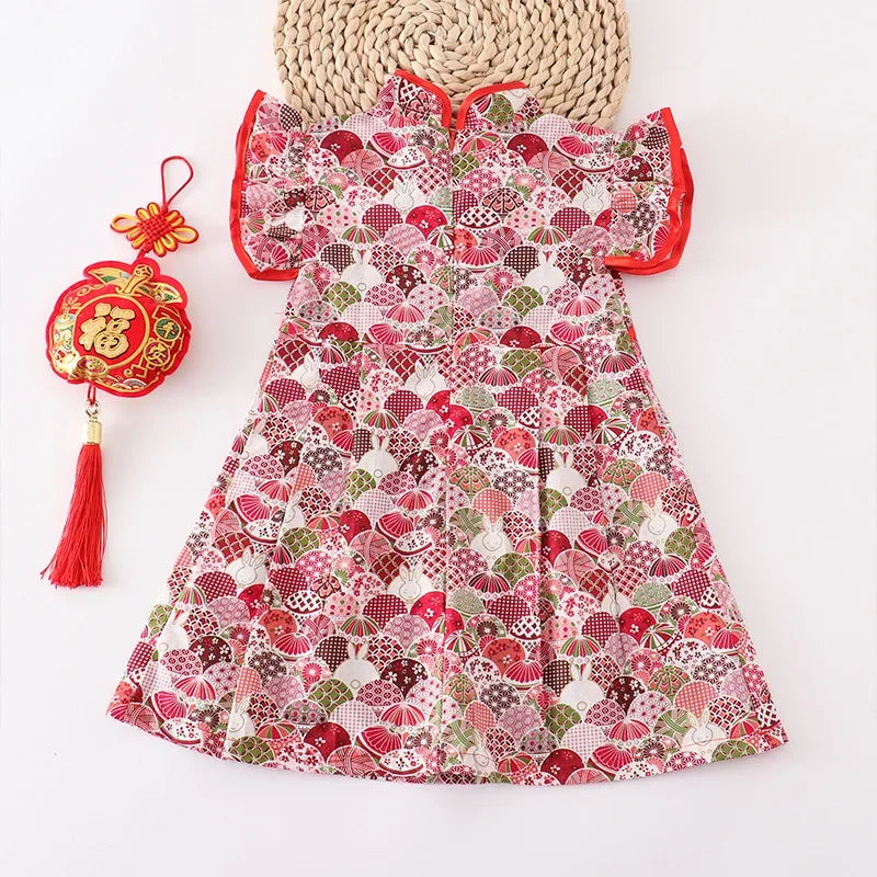 Fashion Red Girls Dresses Casual Perform Outfit Baby Qipao Chinese Dress Summer Kids Cheongsams Costume Vestido Girl Clothes