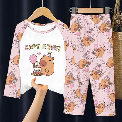 Capibara Pajamas Pants Set Kids Anime Capybara Nightgown Trousers Girls Boys Spring Autumn Home Clothes Children Long Sleeves