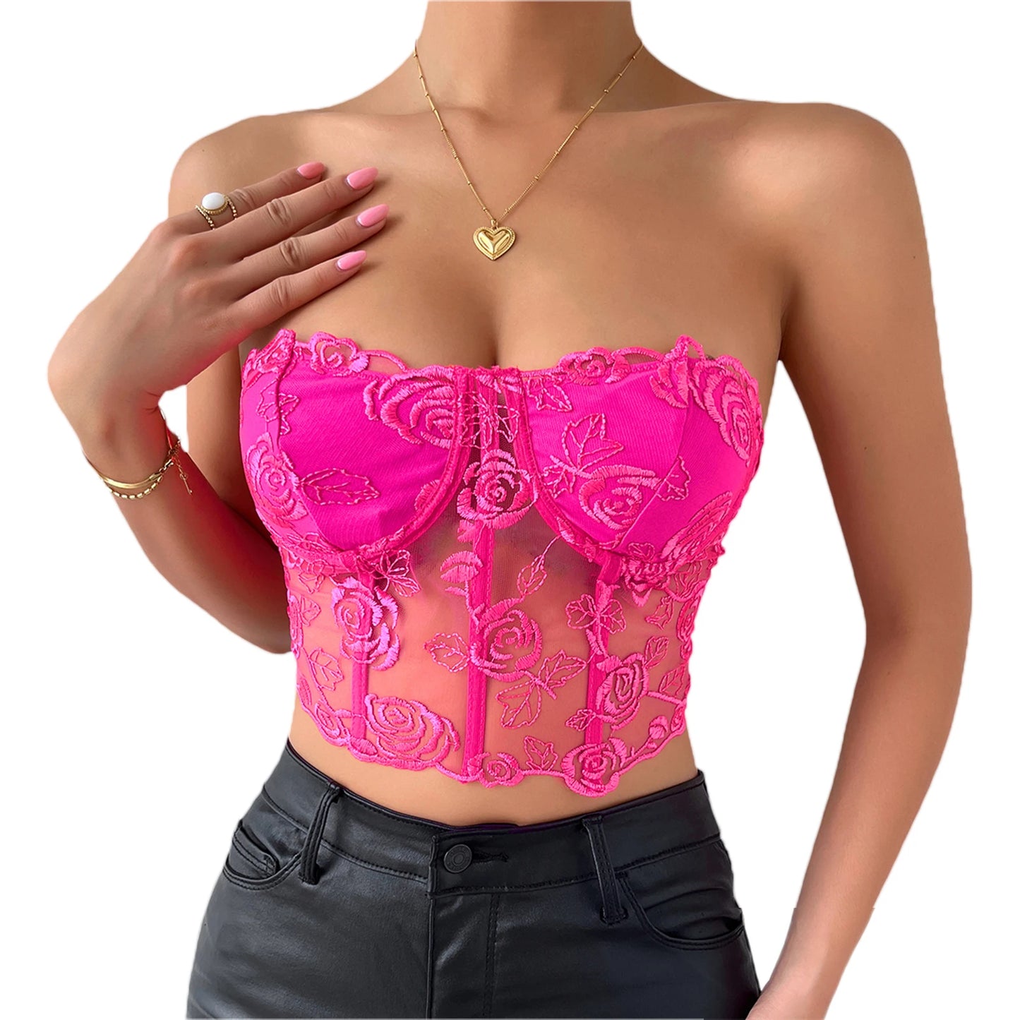 Newest Arrival Women Bustier Tube Tops Embroidery Flower See Through Off Shoulder Tank Tops for Daily Club Party