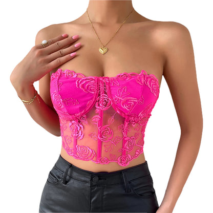 Newest Arrival Women Bustier Tube Tops Embroidery Flower See Through Off Shoulder Tank Tops for Daily Club Party