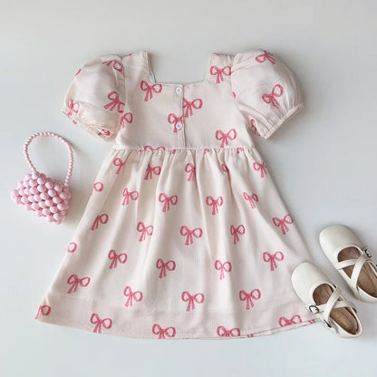 Bear Leader Short Sleeved Girls Clothing Summer New Bow Print Casual Dresses Sweet and Cute Kids Clothes for 3-7 Years Wear