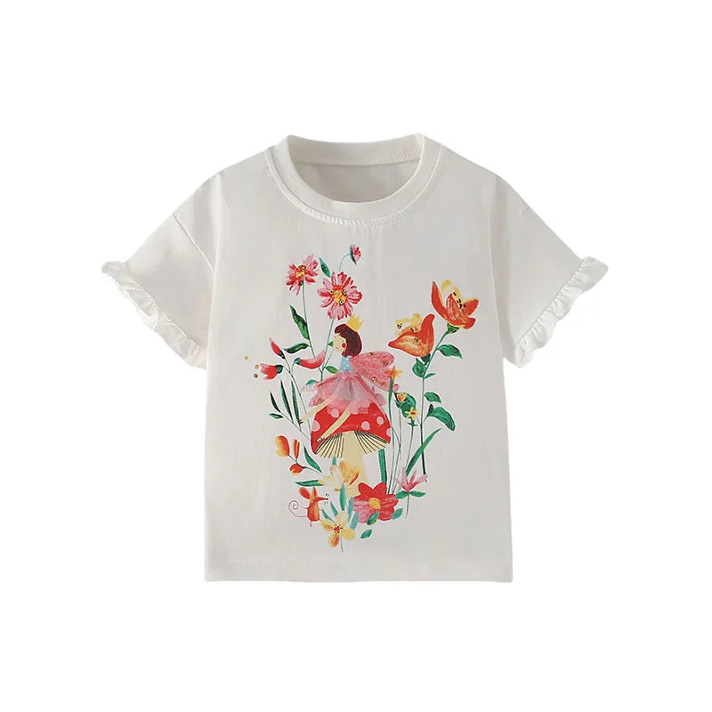 Jumping Meters 3-8T Flowers Kids Tees Hot Selling Cotton Summer Girls Tshirts Baby Clothes Children's Tees Tops