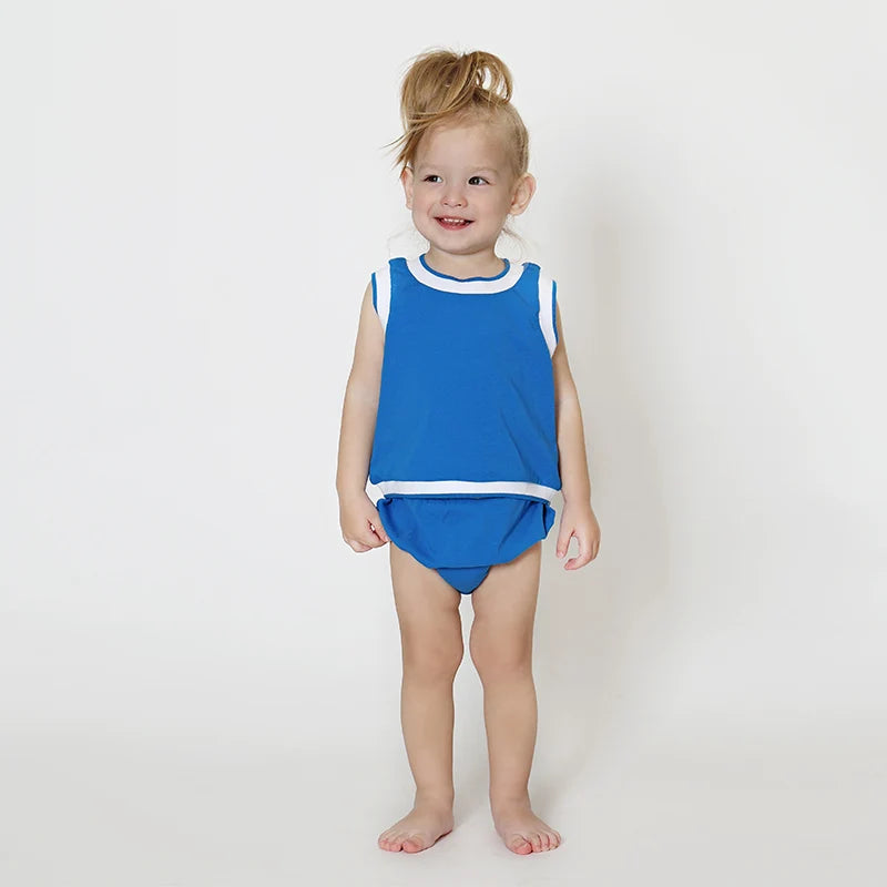 Summer/spring family set royal blue family set boy and girl dress/skirt/t-shirt/baby set stripes edge thin ribbed material