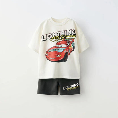 Car Tshirt+Shorts Two Piece Set Summer Clothing Boys Printed Tees Casual Sports Tees Black Shorts Trendy Costume Outer Wear