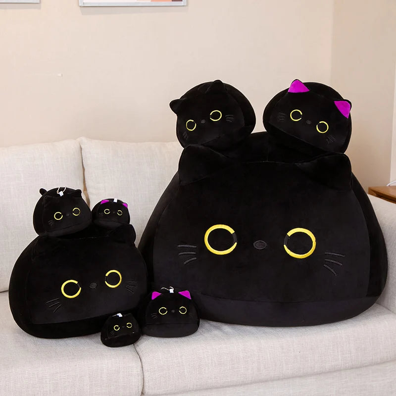 7/11/20CM Kawaii Small Cuddly Black Cat Plush Doll Cartoon Stuffed Round Ball Cat Plushie Girl's Bag Keychain Pendant Toys