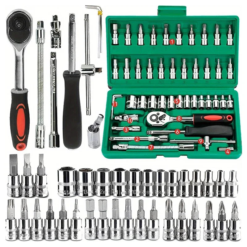 46pc Drive Socket Set 1/4 inch Ratchet Wrench Set with Sockets Metric Hex Bit Socket Set Mechanic Tool Kits for Hous Auto Repair