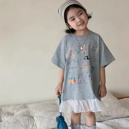 2024 Summer New Girls Short Sleeve Casual Dress Cute Flower Print Children Long T Shirts Loose Kids Princess Dress Girls Clothes