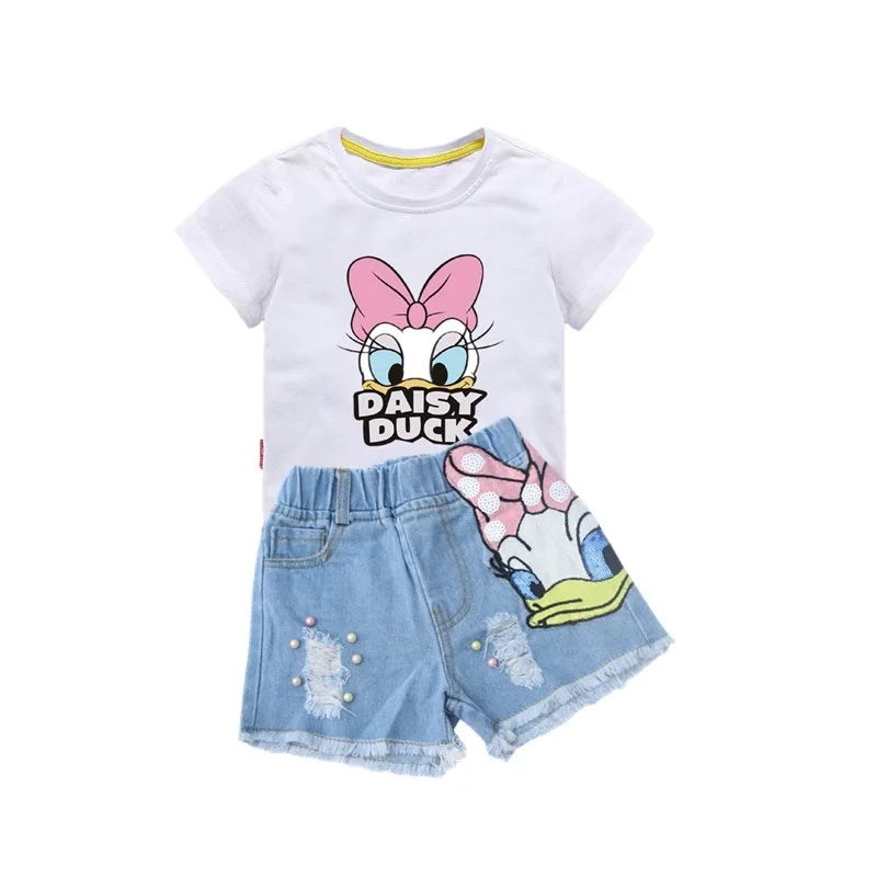 2024 Disney Girls Outfits Cartoon Donald Duck Sets Printed Summer Shirt Broken Hole Denim Shorts Girl Clothing Set girls Clothes