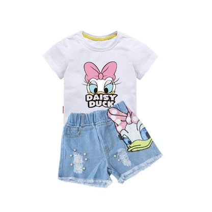 2024 Disney Girls Outfits Cartoon Donald Duck Sets Printed Summer Shirt Broken Hole Denim Shorts Girl Clothing Set girls Clothes