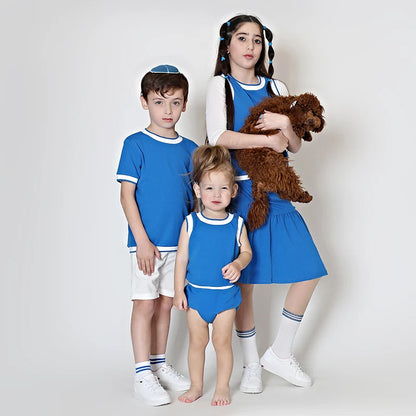 Summer/spring family set royal blue family set boy and girl dress/skirt/t-shirt/baby set stripes edge thin ribbed material