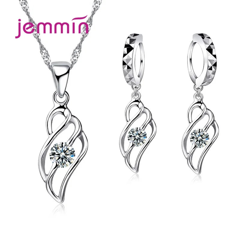 925 Sterling Silver Trendy Crystal Pendant Necklace Earrings Jewelry Set For Women Girls Wedding Engagement Fashion Jewelry